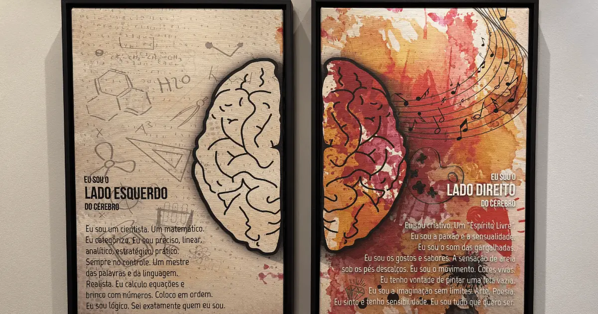 Quadros decorativos representando o lado esquerdo e o lado direito do cérebro, ilustrando o Dia Nacional do Neurocirurgião